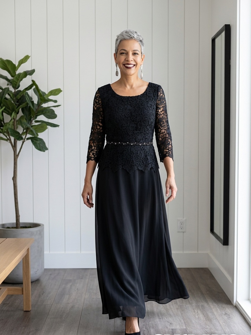 JJs House Elegant Navy Lace Long Sleeve Dress